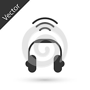 Grey Smart headphones system icon isolated on white background. Internet of things concept with wireless connection