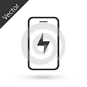 Grey Smartphone charging battery icon isolated on white background. Phone with a low battery charge. Vector