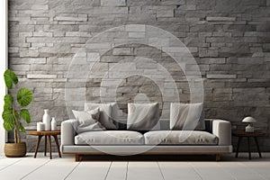 Grey sofa against window near white wall with stone texture poster. Minimalist interior design of modern living room