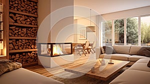 Grey Sofa With Fireplace. Scandinavian Home Interior Design of Modern Living Room