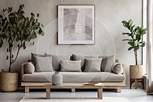 Grey sofa near beige stucco wall and big poster frame on it. Boho, rustic interior design of modern living room