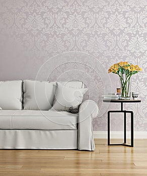 Grey sofa with a purple damask victorian wallpaper