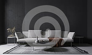 Grey sofa and side table against black wall background. Modern home interior design of cozy living room.