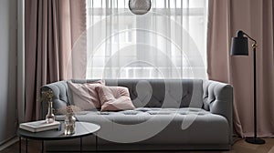 Grey sofa with soft pillows and lamp near big window with pink curtains in living room, generative ai