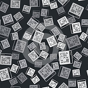 Grey Software, web developer programming code icon isolated seamless pattern on black background. Javascript computer