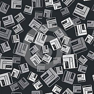 Grey Software, web developer programming code icon isolated seamless pattern on black background. Javascript computer