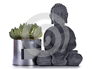 Grey stone Buddha statue on white photo