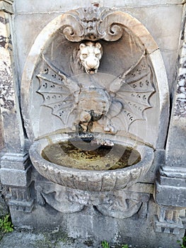 Grey Stone Fountain in Rome with a Flying Dragon, Baroque Architecture, Italian Art, Scary Monster Sculpture