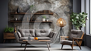Grey stone wall interior room with wooden decor. generative ai