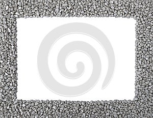 Grey stones,smooth pebbles,outlined with black,as frame around rectangular copy space.Stone texture isolated,mockup