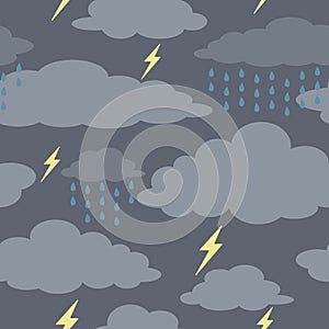 Grey Storm Clouds and Lightening Bolts Seamless Pattern