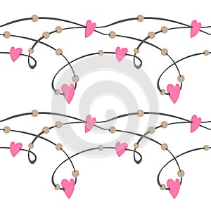 Grey string with soft pink hearts beads on white background valentine day vector seamless pattern