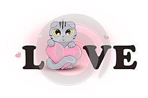 A grey striped kitten with a heart. Love is a slogan for textiles and design. Cute vector illustration with a cat