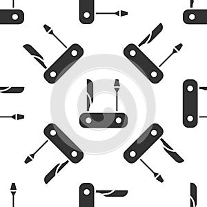 Grey Swiss army knife icon isolated seamless pattern on white background. Multi-tool, multipurpose penknife