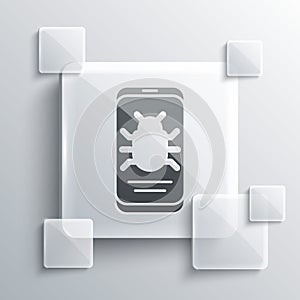 Grey System bug on mobile icon isolated on grey background. Code bug concept. Bug in the system. Bug searching. Square