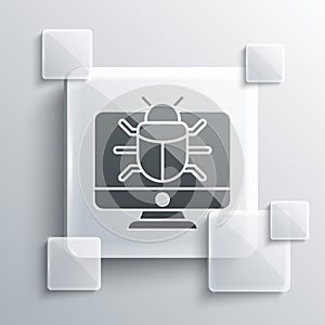 Grey System bug on monitor icon isolated on grey background. Code bug concept. Bug in the system. Bug searching. Square