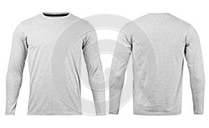 Grey T shirt long sleeves mockup front and back used as design template, isolated on white background with clipping path.