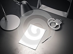 Grey table with switched-on lamp, handcuffs and paper sheet, 3d rendering.