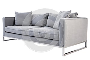 Grey three seater sofa isolated on transparent clear white background