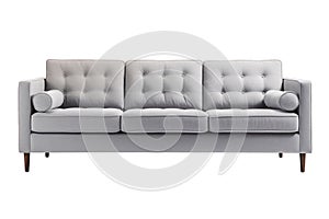 Grey three seater sofa isolated on transparent clear white background