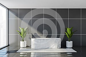 Grey tiled bathroom interior with tub