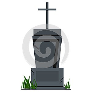 Grey tombstone with grass icon isolated on white background for halloween design old gravestone with crack cemetery sign