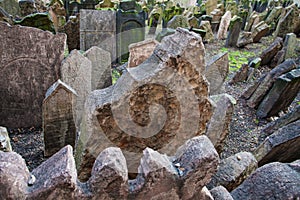 Grey tombstones in old Jewish Cemetery in Prague