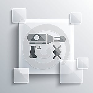 Grey Transfer liquid gun in biological laborator icon isolated on grey background. Square glass panels. Vector