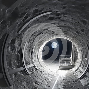Grey tunnel cement pipe in space or planet, light at the end with view on Earth