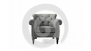 A grey upholstered chair with black legs