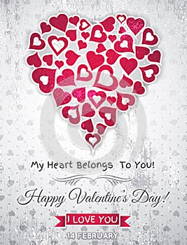 Grey valentines day greeting card with white hea