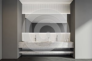 Grey vanity with open shelf in modern bathroom