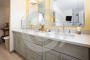 grey vanity with two sinks and brushed nickel fixtures