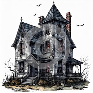 Grey Victorian Haunted House Illustration