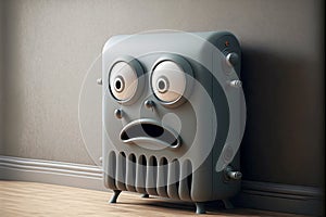 grey vintage heating radiator with temperature controller in form of funny face