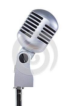 Grey vintage microphone on a white background