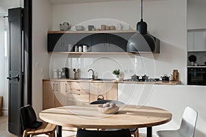 grey wall chopping board and wooden table black pillow black lantern with black white modern kitchen dining room corner