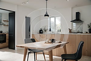 grey wall chopping board and wooden table black pillow black lantern with black white modern kitchen dining room corner