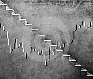 Grey wall with stairs background for trading chart with candlesticks downtrend changes to uptrend