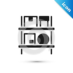 Grey Warehouse interior with boxes on racks icon isolated on white background. Logistics, cargo, parcel storage postal