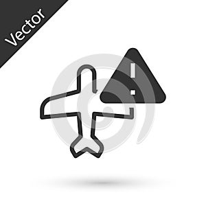 Grey Warning aircraft icon isolated on white background. Faulty plane. Flying prohibition zone. Plane is forbidden for