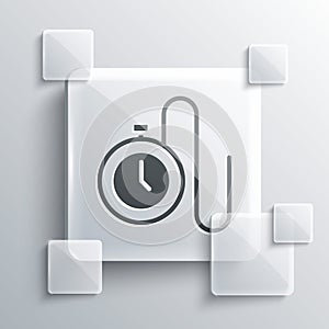 Grey Watch with a chain icon isolated on grey background. Square glass panels. Vector