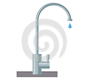 Grey water tap icon isolated. Metal crane with falling drop. Plumbing item for kitchen or bathroom