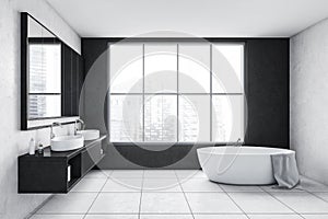 Grey and white bathroom with white bathtub, mirror and big window