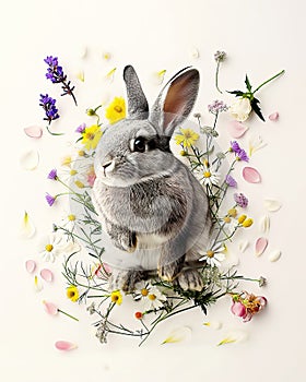 A grey and white bunny rabbit surrounded by loose spring flowers, AI-generated.