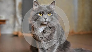 Grey and white cat itting in front of white background