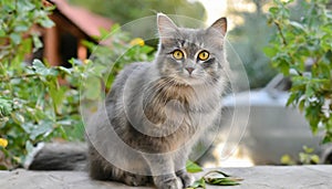 Grey and white cat itting in front of white background