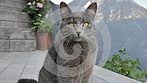 Grey and white cat itting in front of white background