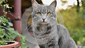 Grey and white cat itting in front of white background