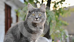 Grey and white cat itting in front of white background